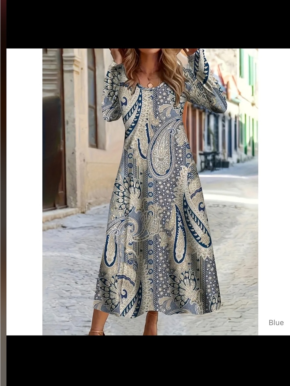 Blue Paisley Maxi Dress with Long Sleeves